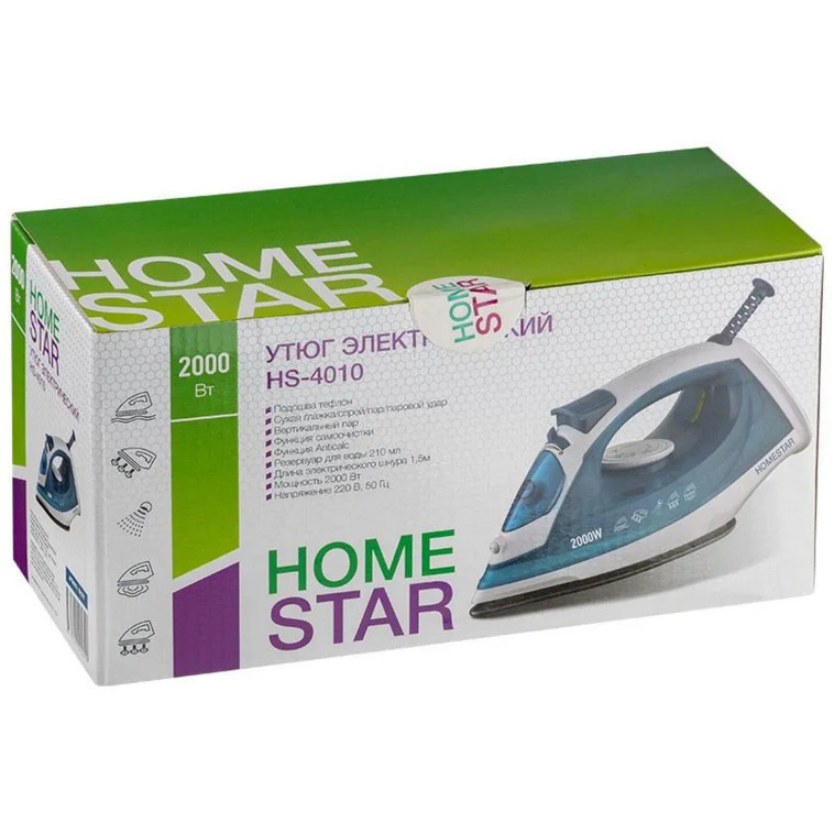Картинка Утюг 2 кВт тефлоновое покрытие пар бело-синий HS-4010 HomeStar
