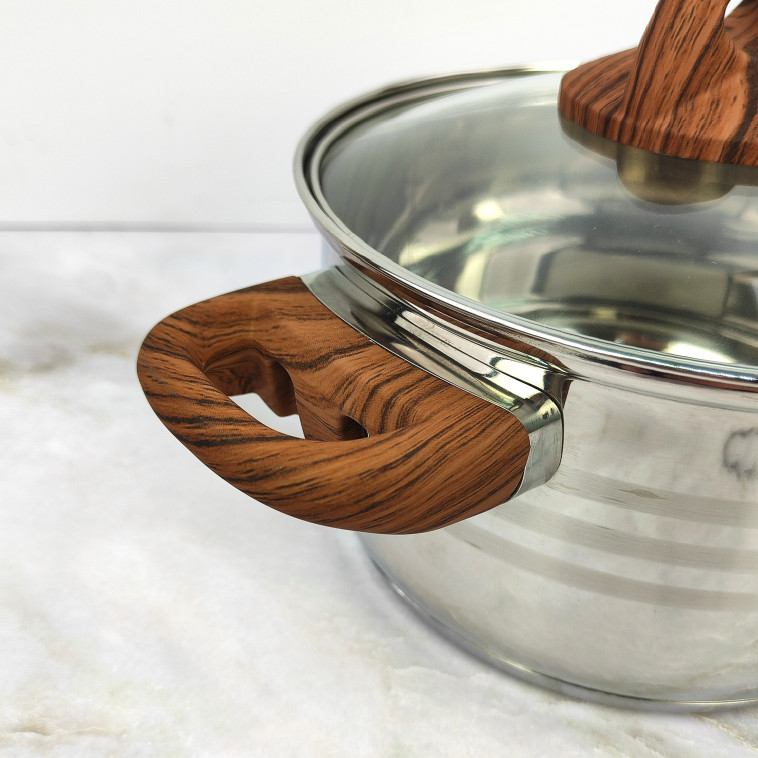 Картинка Кастрюля нерж сталь  2,5 л 18 см стекл крышка ручками под дерево soft-touch Foresta Mallony