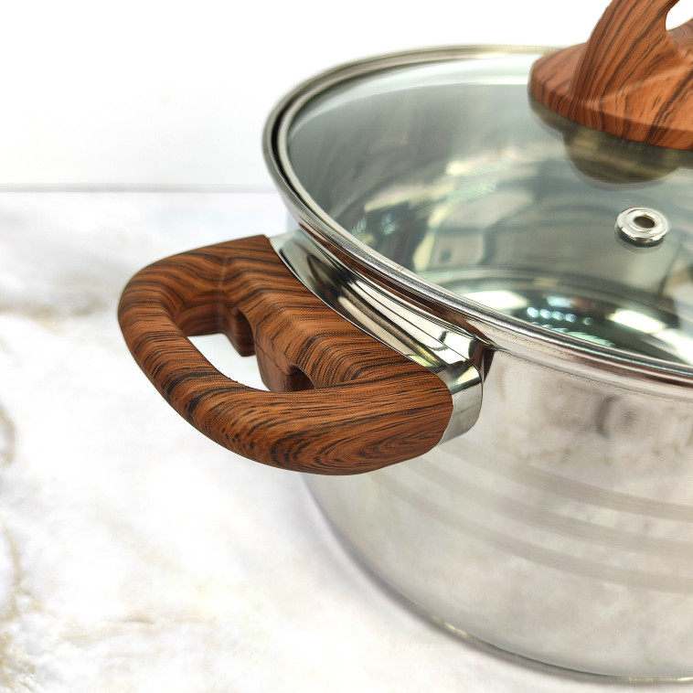 Картинка Кастрюля нерж сталь  3,5 л 18 см стекл крышка ручками под дерево soft-touch Foresta Mallony