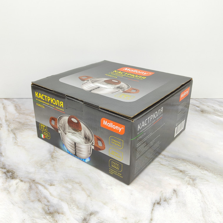Cнимок Кастрюля нерж сталь  3,5 л 18 см стекл крышка ручками под дерево soft-touch Foresta Mallony