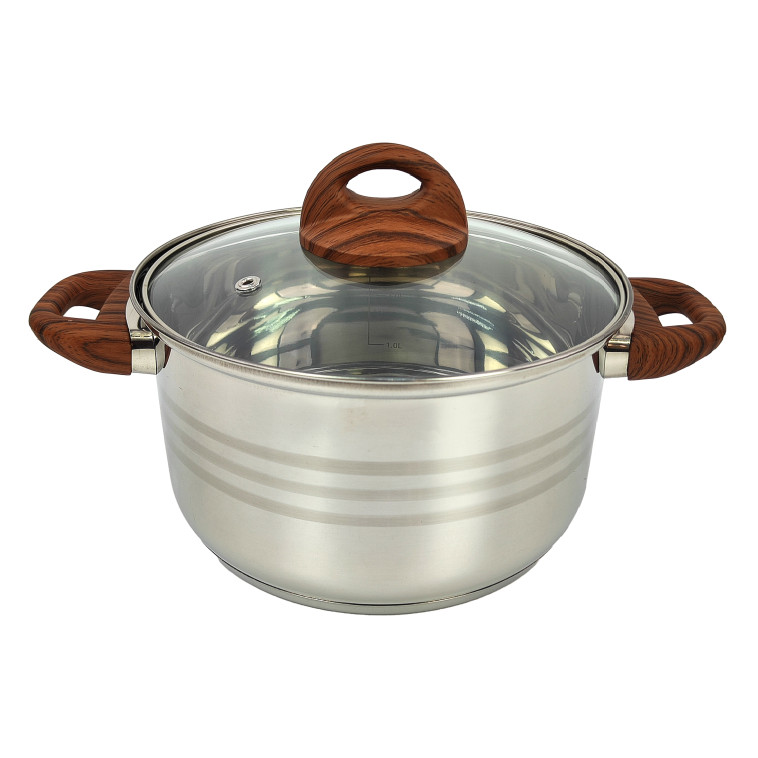 Кастрюля нерж сталь  3,5 л 18 см стекл крышка ручками под дерево soft-touch Foresta Mallony