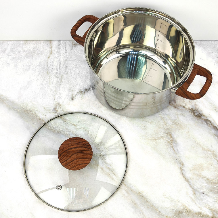 Изображение Кастрюля нерж сталь  5 л 22 см стекл крышка ручками под дерево soft-touch Foresta Mallony