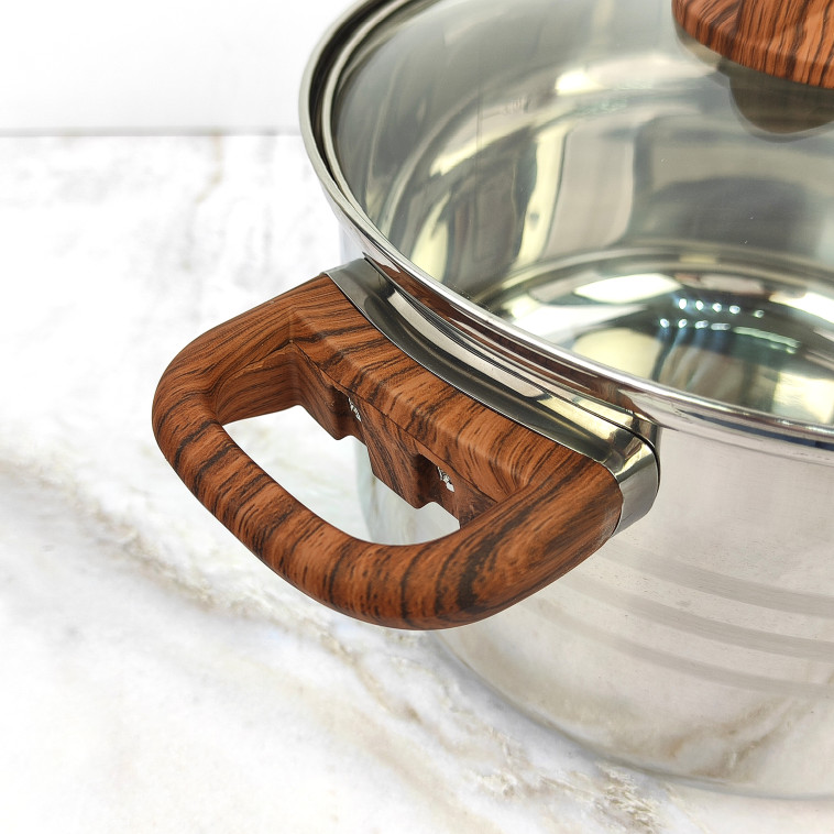 Картинка Кастрюля нерж сталь  5 л 22 см стекл крышка ручками под дерево soft-touch Foresta Mallony