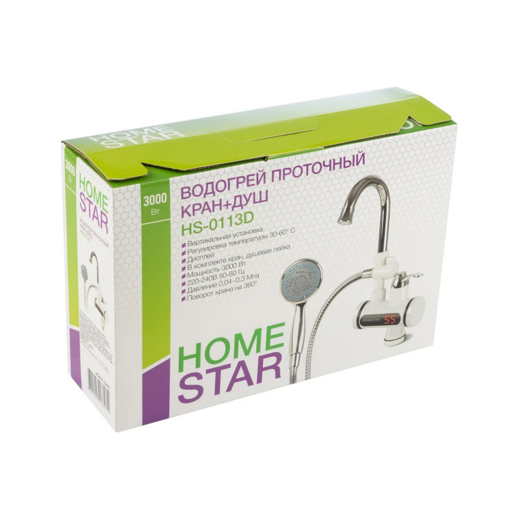 Изображение Водонагреватель проточный 3000 Вт с душем дисплей HS-0113D HomeStar