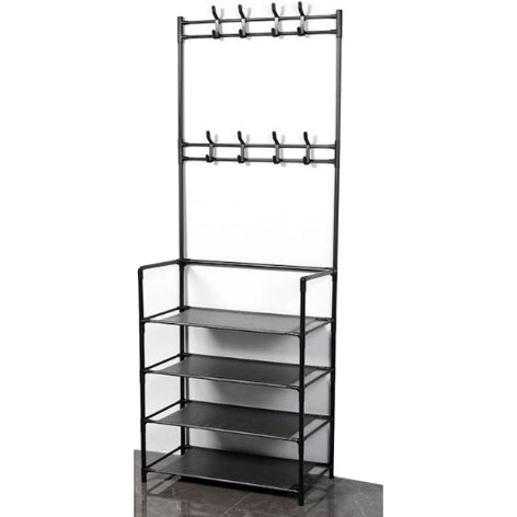 Вешалка металлическая гардеробная 60х29,5х154 см с обувницей 4 полки черный Baizheng Вешалка металлическая гардеробная 60х29,5х154 см с обувницей 4 полки черный Baizheng