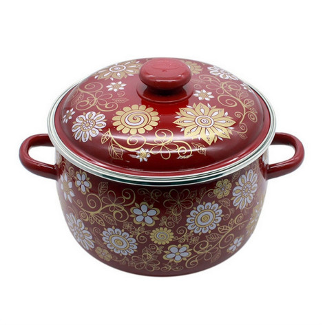 Кастрюля эмалированная 2 л кнопка ободок вишневый деколь на крышке Золотой узор Стальэмаль