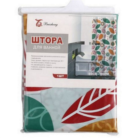 Штора ПВХ для ванной 180х180 см 0,1 мм пластиковые кольца белый с листьями Baizheng