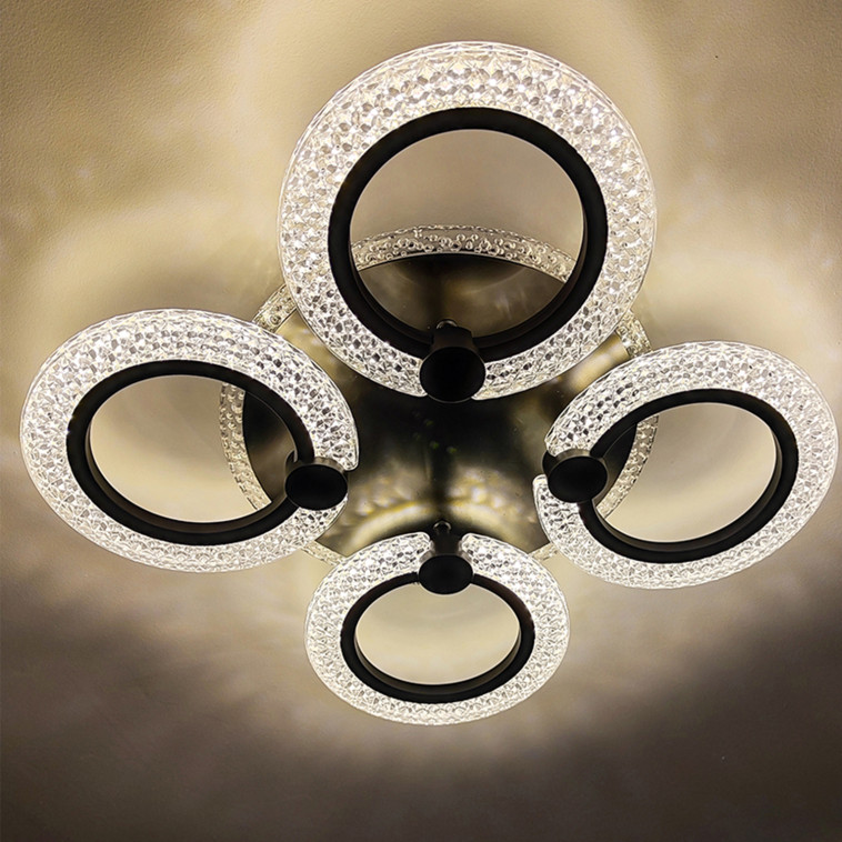 Фото Люстра светодиодная 4 плафона 52*9 см 56Вт 2100LM 15м2 3 цвета прилож пульт черный Baizheng