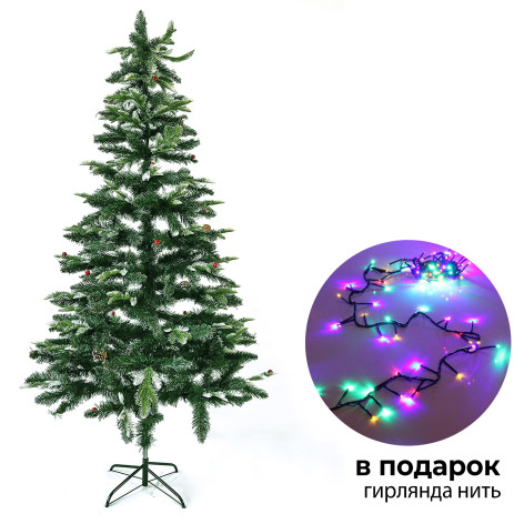 Ель искусственная 210 см ПВХ побеги литые снег ягоды шишки мет подст + гирлянда 120-062 Fex