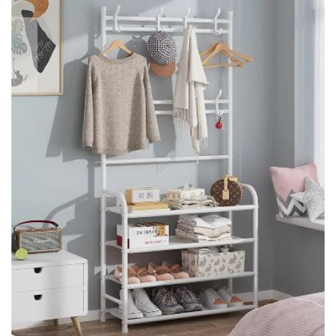 Вешалка металлическая гардеробная 150х26х80 см 4 текстильные полки для обуви белый Baizheng Вешалка металлическая гардеробная 150х26х80 см 4 текстильные полки для обуви белый Baizheng