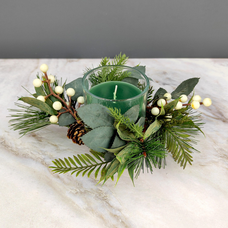 Фото Свеча новогодняя в стакане 9 см декор зеленый NP-3097 Baizheng