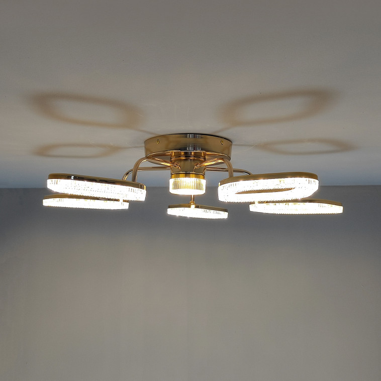 Картинка Люстра светодиодная 6 плафонов 80*15 см 55Вт 13750LM 25м2 3 цвета пульт золото Baizheng