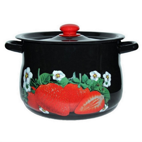 Кастрюля эмалированная 8 л пластиковая кнопка черный Клубника садовая Стальэмаль