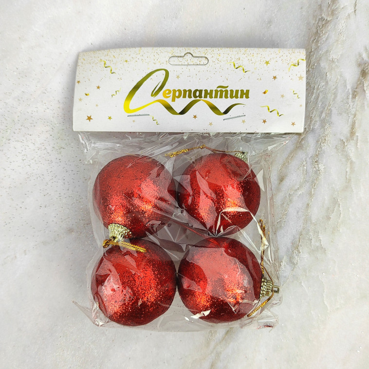Картинка Набор пластиковых шаров d-5 см 4 шт красный Посыпка из блесток Серпантин