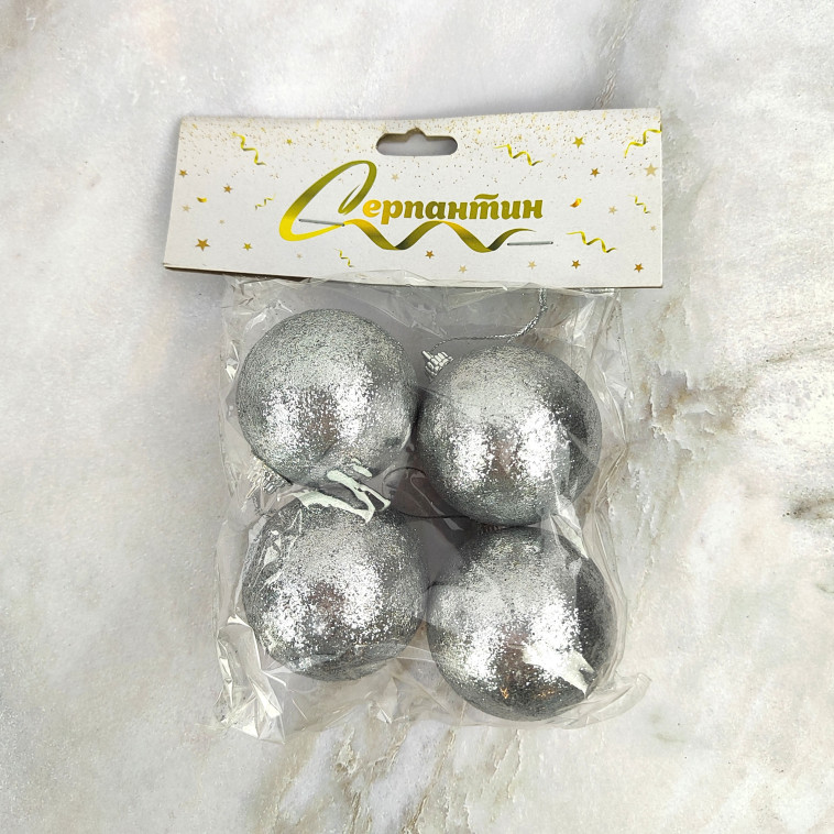 Картинка Набор пластиковых шаров d-5 см 4 шт серебро Посыпка из блесток Серпантин