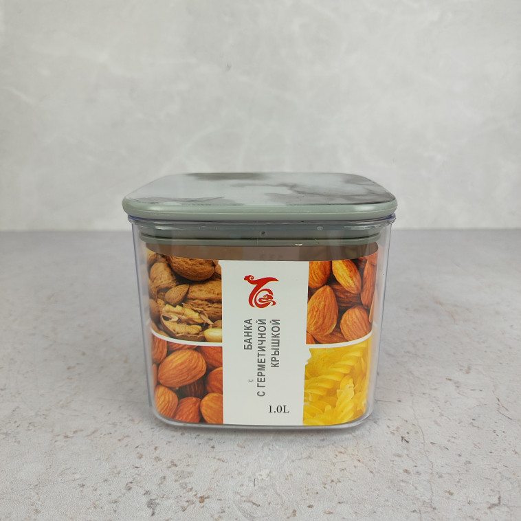 Изображение Банка пластиковая для сыпучих продуктов 1 л 13*13*11,5 см герм крышка прозрач Baizheng