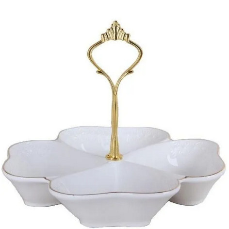 Менажница керамическая 4-х секционная 19 см с ручкой бело-золотой Снежная королева Коралл