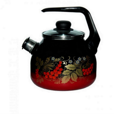 Чайник эмалированный 3 л со свистком стекл крышка кнопка красно-черный Рябинушка Стальэмаль