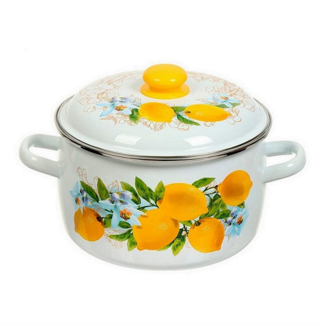 Кастрюля эмалированная 5,5 л пласт кнопка ободок белый деколь на крышке Лимоны Стальэмаль