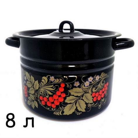 Кастрюля эмалированная 8 л петля черный Рябинушка Стальэмаль