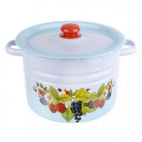 Кастрюля эмалированная 8 л пласт кнопка серо-голубой Ягодный чай Стальэмаль