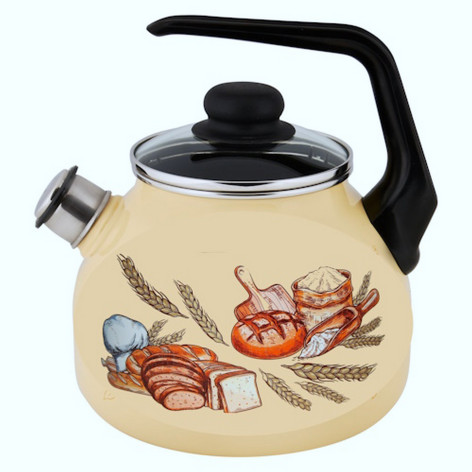 Чайник эмалированный 3 л со свитстком стекл крышка пласт кнопка палевый декор Хлеб Стальэмаль