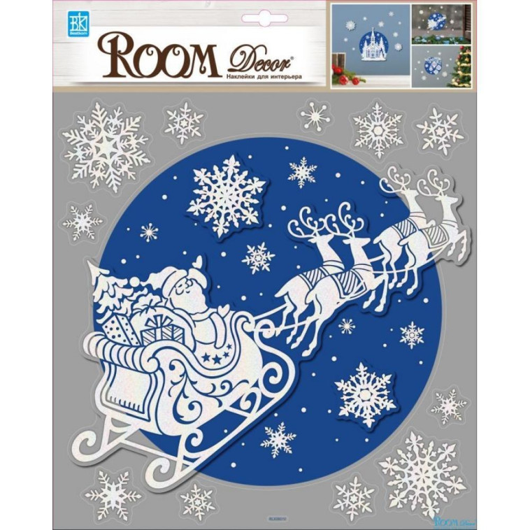 Стикер 3D ПВХ  30,5*31 см влагостойкий Дед Мороз в санях Room Decor