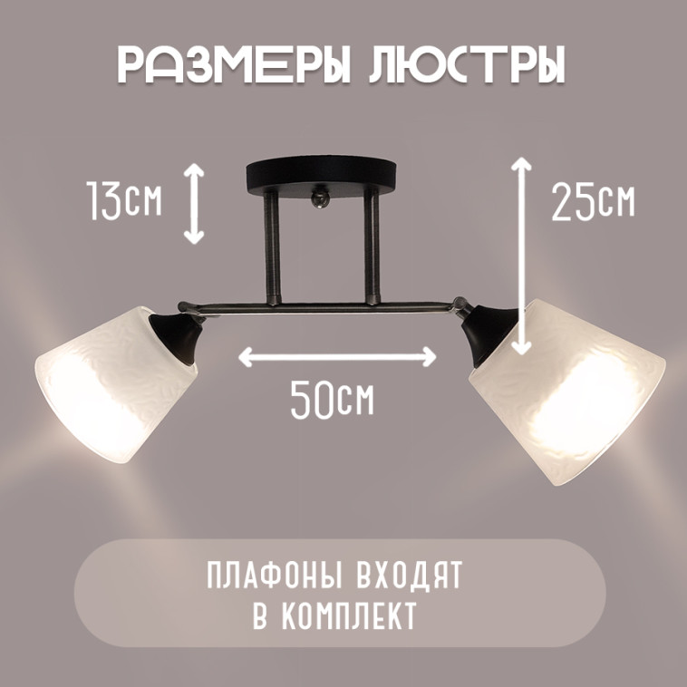 Изображение Люстра 2 плафона 50х13х25 см Е27 60Вт 9м2 плафон стекло черный бронза Baizheng