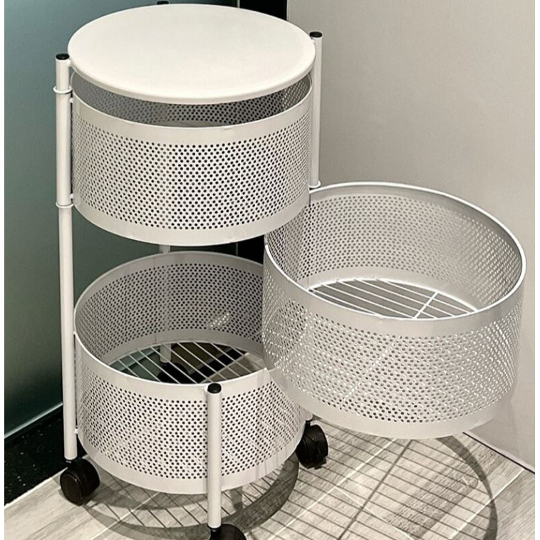 Этажерка металлическая 3-х ярусная 32х32х57 см круглая на колесах поворотная белый Baizheng