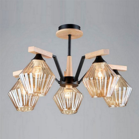 Люстра 5 плафонов 58*34 см Е27 60Вт 20м2 плафон стекло черный дерево Baizheng