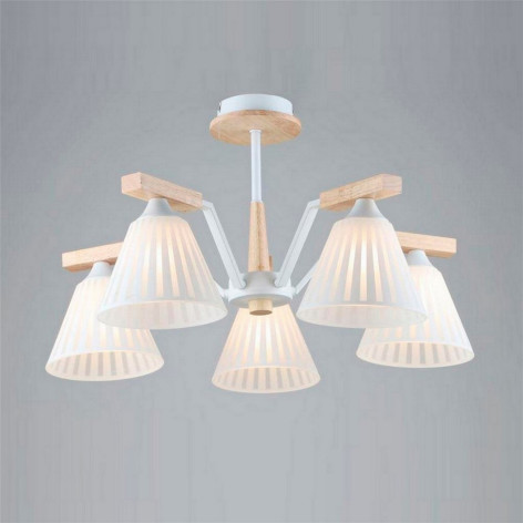 Люстра 5 плафонов 59,5*32 см Е27 60Вт 20м2 плафон стекло белый дерево Baizheng