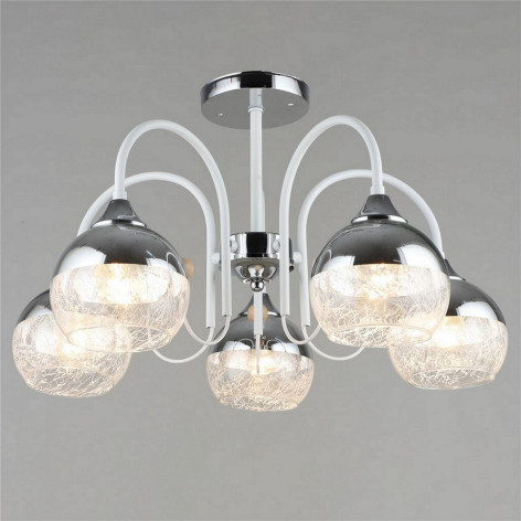 Люстра 5 плафонов 55*33 см Е27 60Вт 20м2 дерево плафон стекло белый хром Baizheng