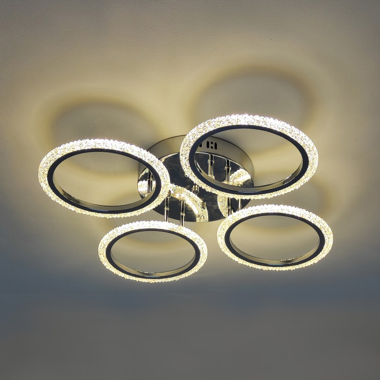 Фото Люстра светодиодная 4 плафона 68,3*8 см 96Вт 3600LM 20м2 3 цвета прилож пульт хром Baizheng