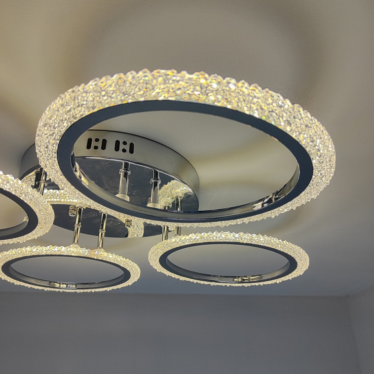 Картинка Люстра светодиодная 4 плафона 68,3*8 см 96Вт 3600LM 20м2 3 цвета прилож пульт хром Baizheng