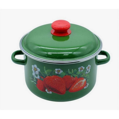 Кастрюля эмалированная 2 л пластиковая кнопка зеленый рябчик Клубника садовая Стальэмаль