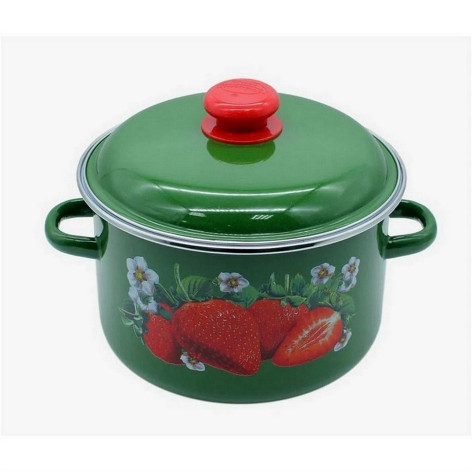 Кастрюля эмалированная 3 л пластиковая кнопка ободок зелёный рябчик Клубника садовая Стальэмаль