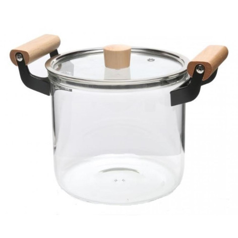 Кастрюля стеклянная 4500 мл круглая стекл крышка дерево ручки прозрачный Baizheng