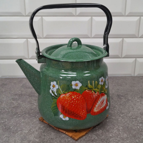Чайник эмалированный 3,5 л петля зеленый рябчик Клубника садовая Стальэмаль