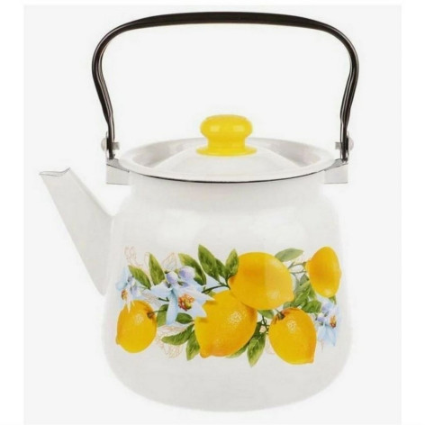 Чайник эмалированный 2,3 л пластиковая кнопка белый Лимоны Стальэмаль