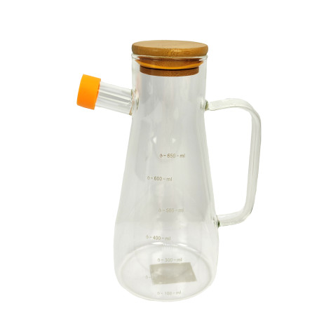 Бутылка стеклянная 650 мл для масла дерево крышка шкала мерная стекло ручка Baizheng