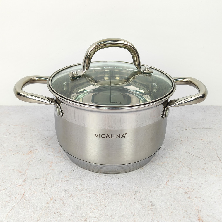 Фото Кастрюля нерж сталь  1,9 л 16 см стеклянная крышка индукция VL-1072 Vicalina