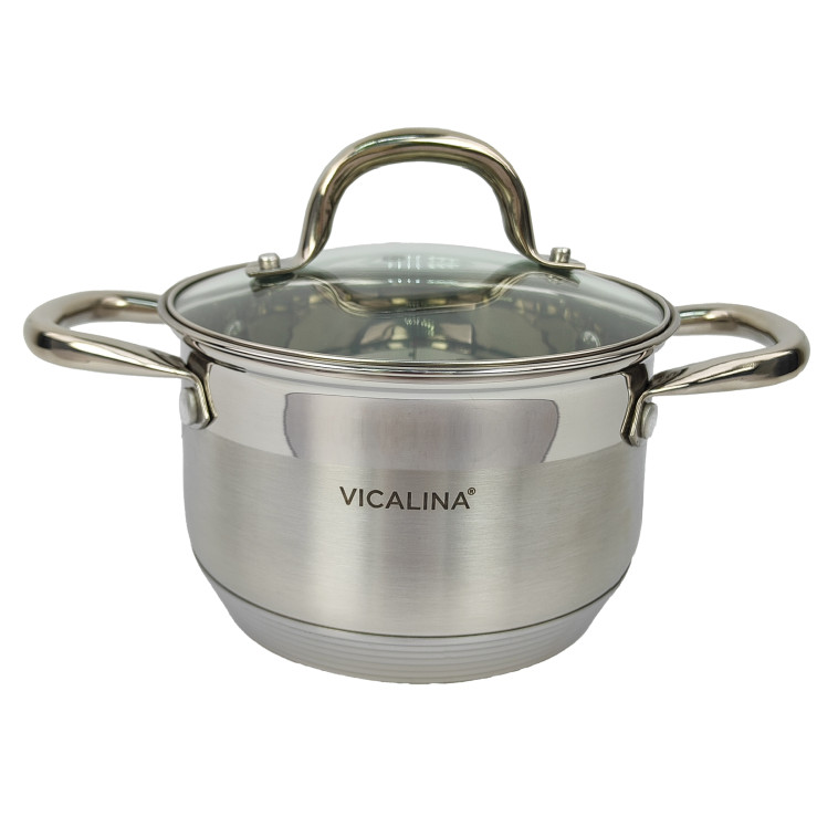 Кастрюля нерж сталь  1,9 л 16 см стеклянная крышка индукция VL-1072 Vicalina