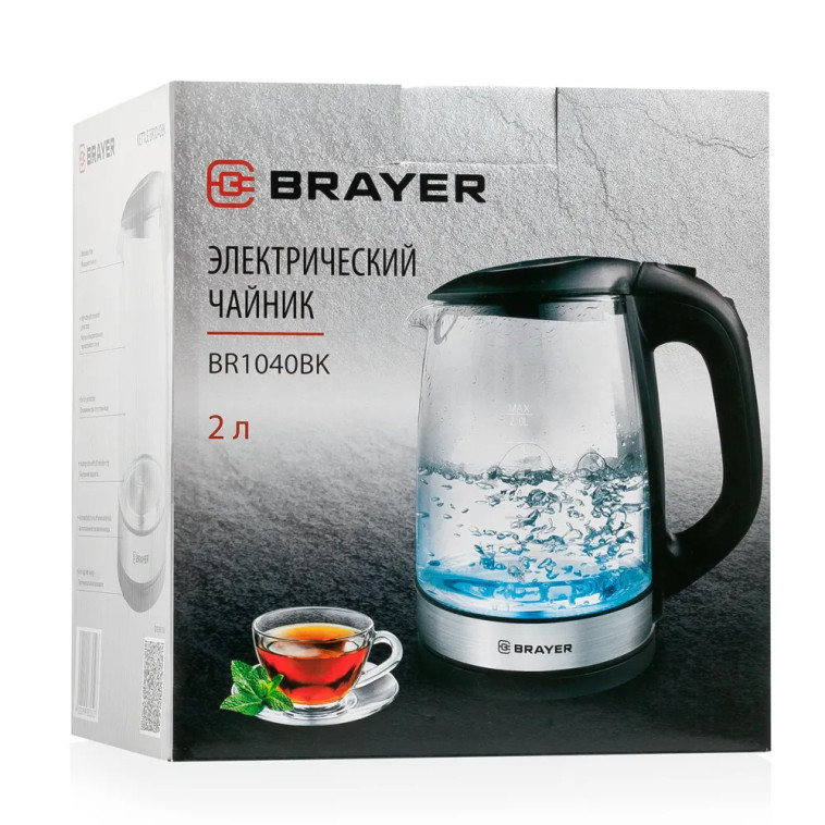 Фото Чайник стеклянный электрический 2 л 2,2 кВт подсветка черный Brayer (1/8)