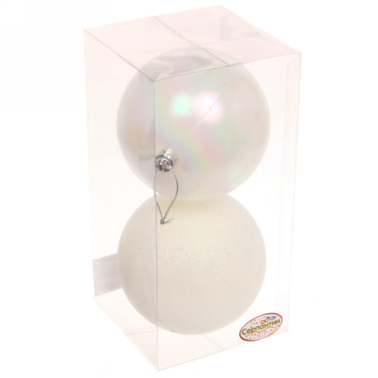 Акция! Набор пластиковых шаров d-10 см 2 шт белый перламутр Микс фактур Серпантин (1/90)