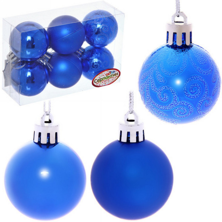 Набор пластиковых шаров d-4 см 6 шт синий Микс фактур Серпантин (1/480)