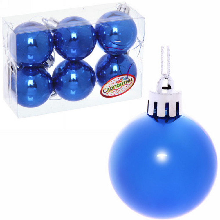 Акция! Набор пластиковых шаров d-4 см 6 шт синий Глянец Серпантин (1/480)