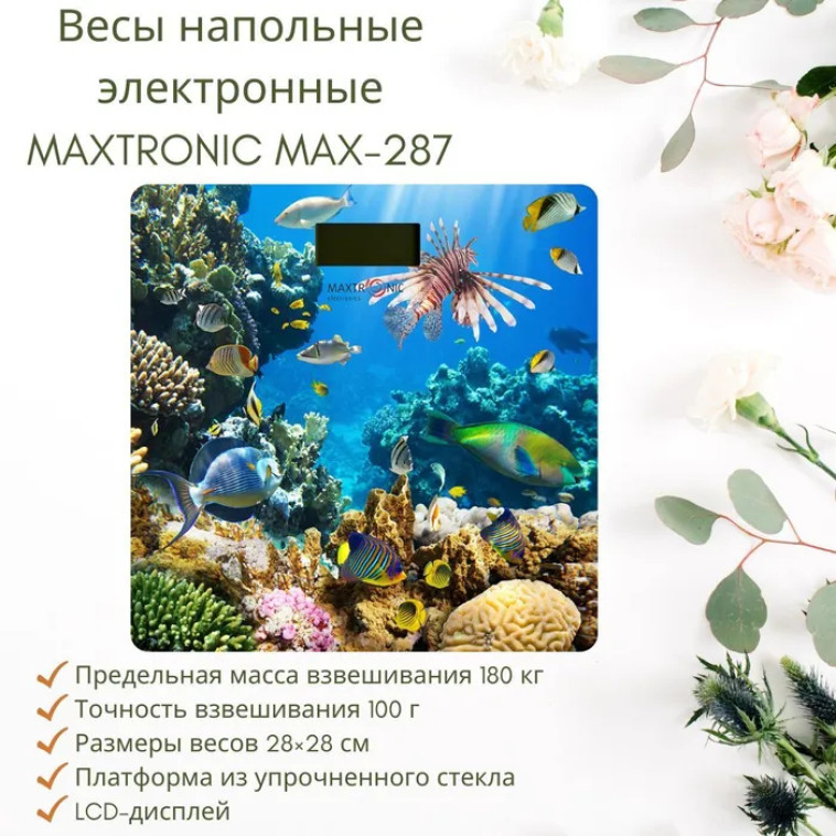 Весы напольные электронные стекло 150 кг 28*28 см Коралловый риф Maxtronic (1/10)