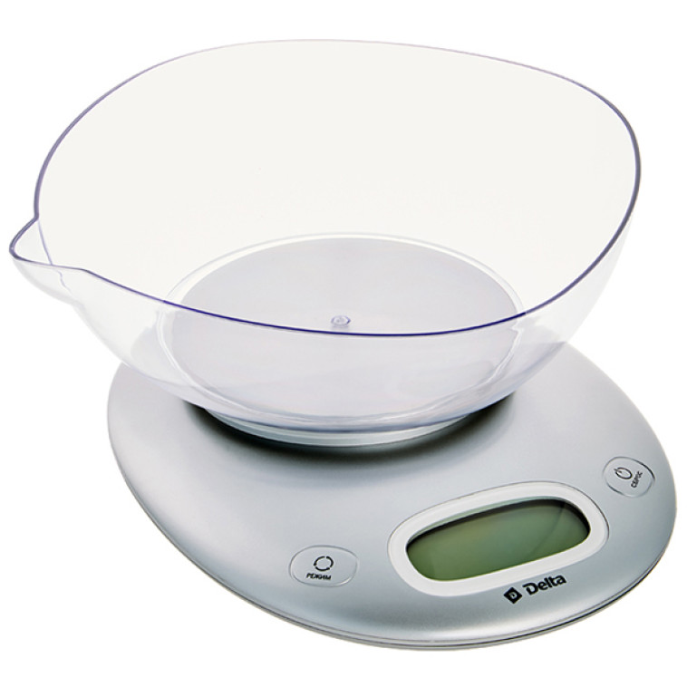 Весы кухонные электронные пластик 5 кг чаша съемная со сливом дисплей серебро Delta (1/12)