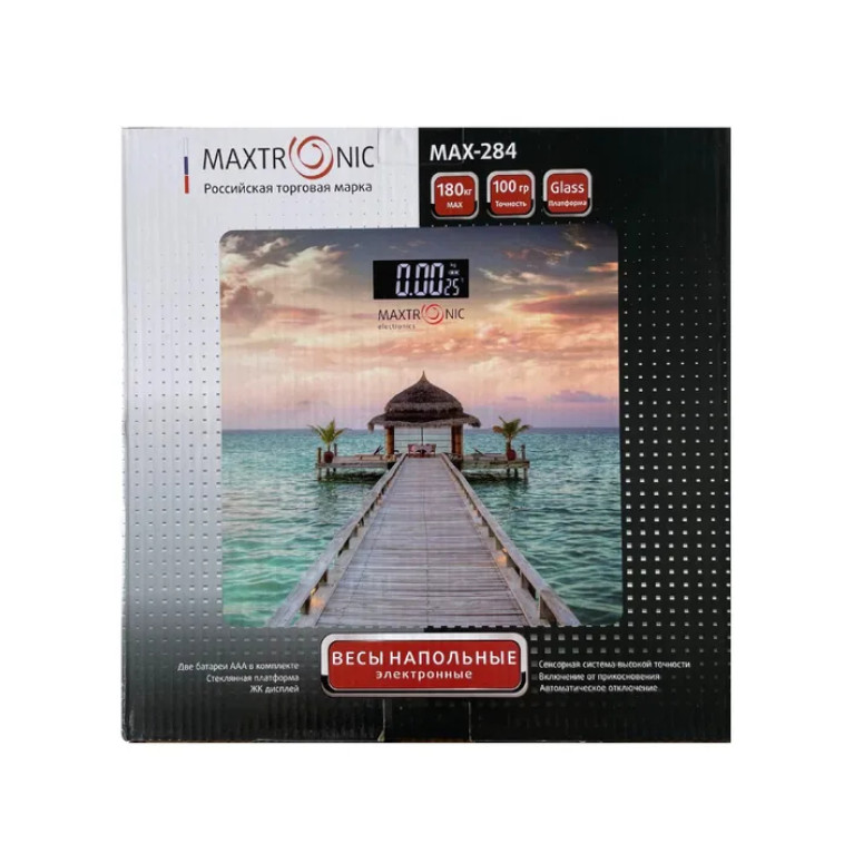 Картинка Весы напольные электронные стекло 150 кг 28*28 см Мальдивы Maxtronic (1/10)