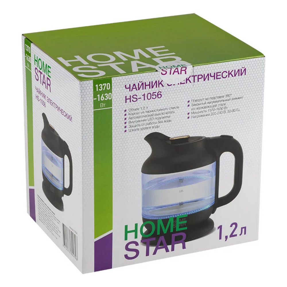 Чайник стеклянный электрический 1,8 л 1,5 кВт подсветка белый HS-1008 HomeStar